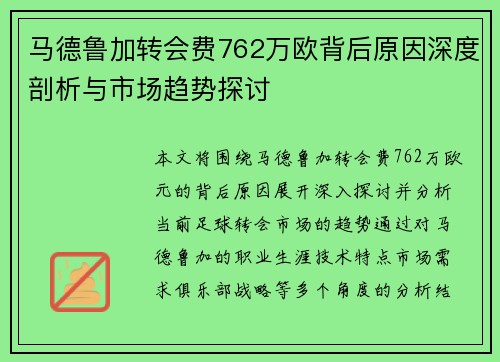 马德鲁加转会费762万欧背后原因深度剖析与市场趋势探讨 马德鲁加转会费762万欧背后原因深度剖析与市场趋势探讨