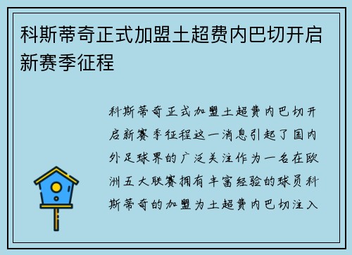 科斯蒂奇正式加盟土超费内巴切开启新赛季征程