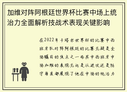 加维对阵阿根廷世界杯比赛中场上统治力全面解析技战术表现关键影响